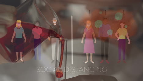 animation of people in face masks and social distancing text