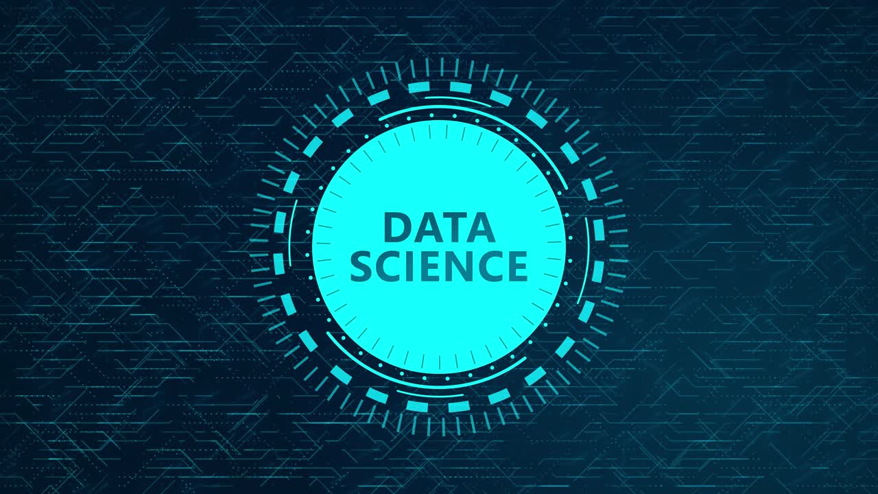 Futuristic Data Science Concept with Rotating HUD Elements and Circuitry Design