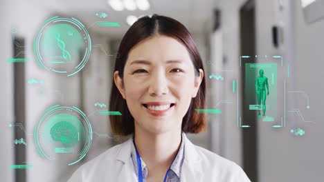 Animation of science data over asian female doctor smiling