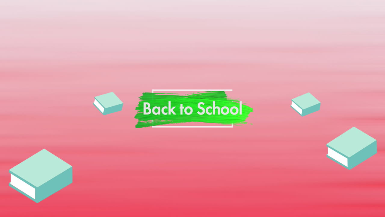 빨간색 배경에 있는 학교 아이템 아이콘 위에 있는 학교로 돌아가는 텍스트의 애니메이션