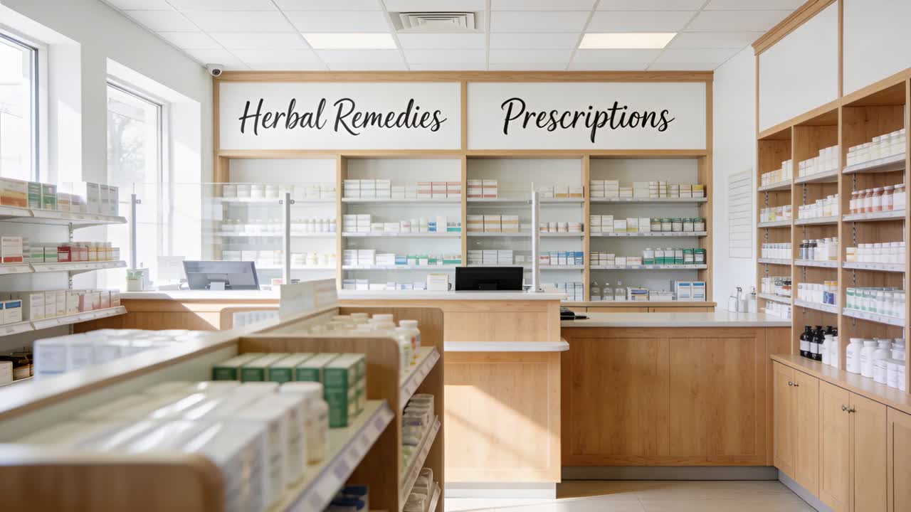 Bevægeligt kamera afslører serviceskranke og plexiglas på et apotek, der viser skilte for receptpligtig medicin og naturlægemidler.