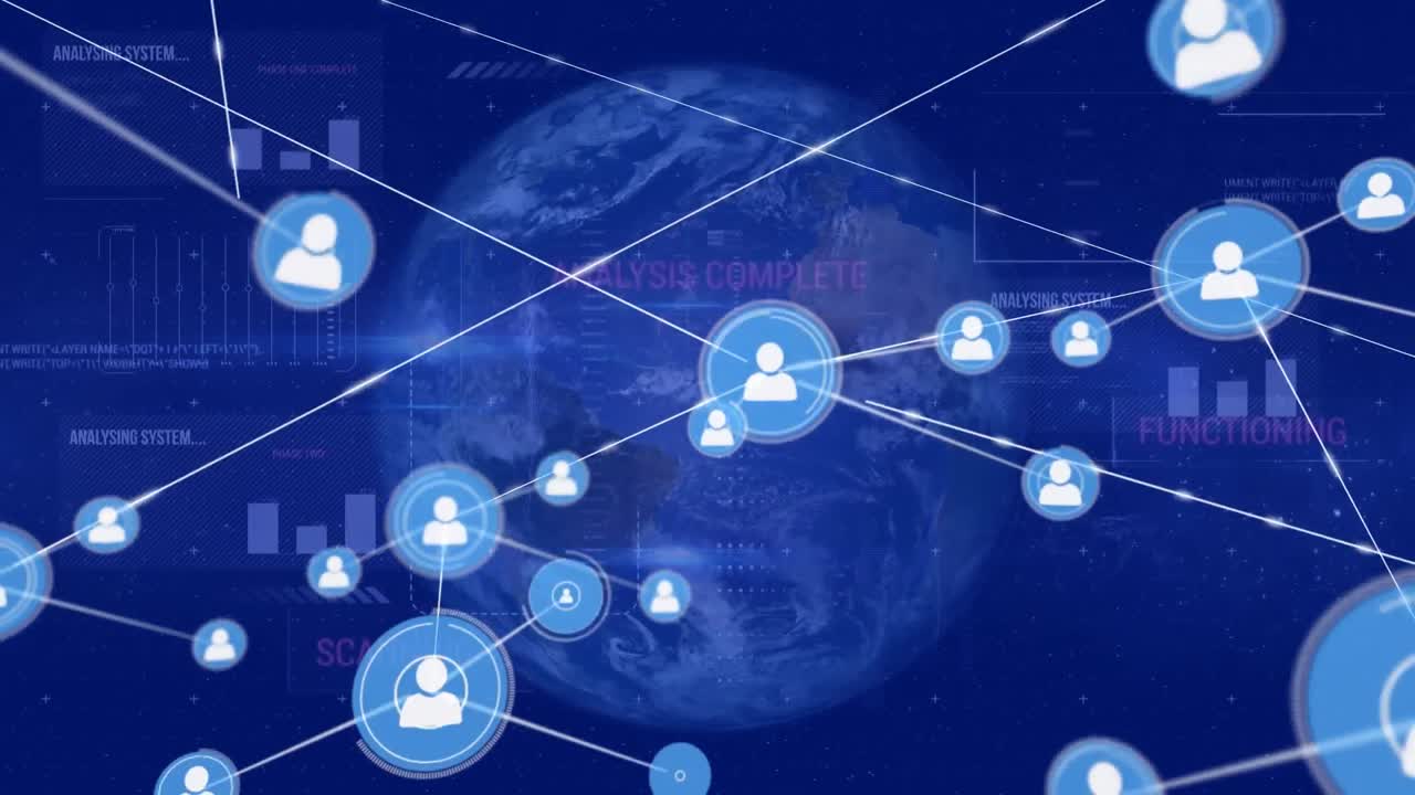 전 세계에 있는 아이콘과 연결된 네트워크의 애니메이션