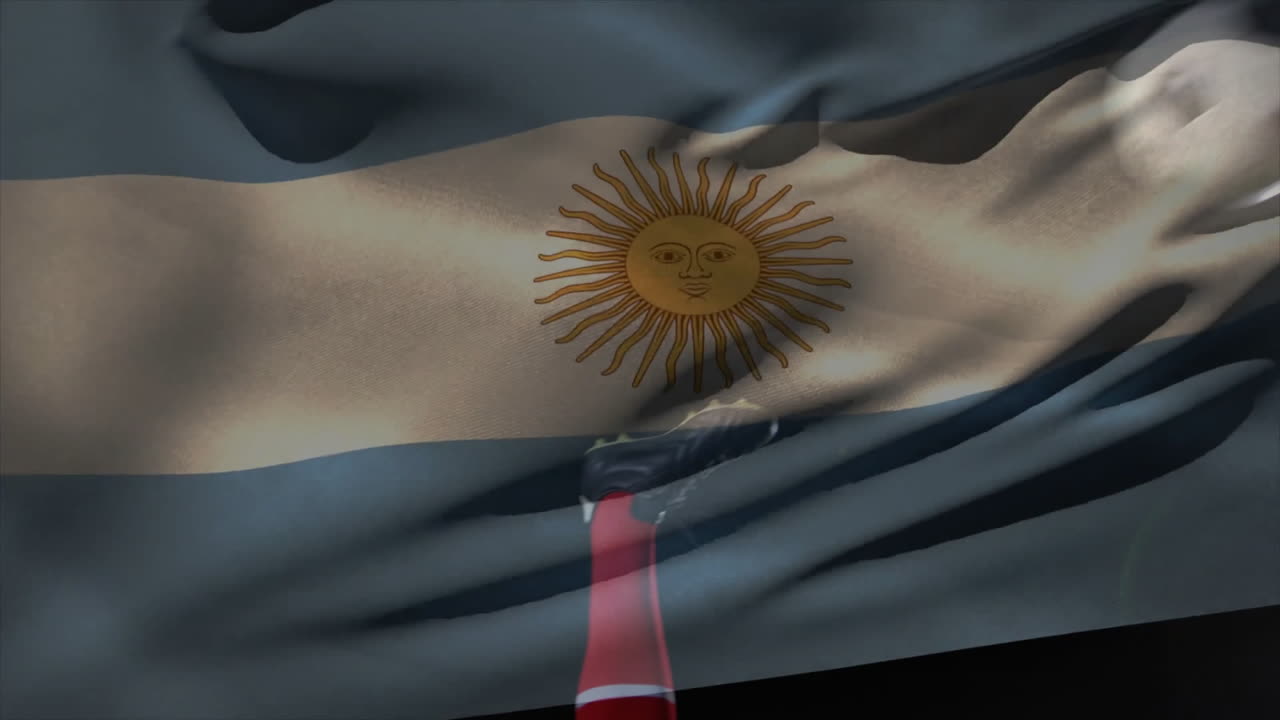Waving Argentinian flag, hand holding trophy in foreground, celebrating animation