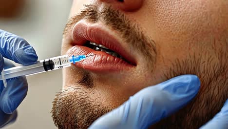 man receiving a lip filler injection as part of a cosmetic procedure