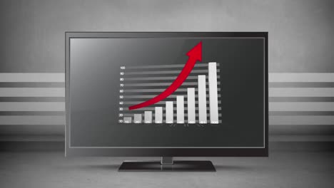 Growing-grey-bar-chart-and-red-arrow-displayed-on-flatscreen