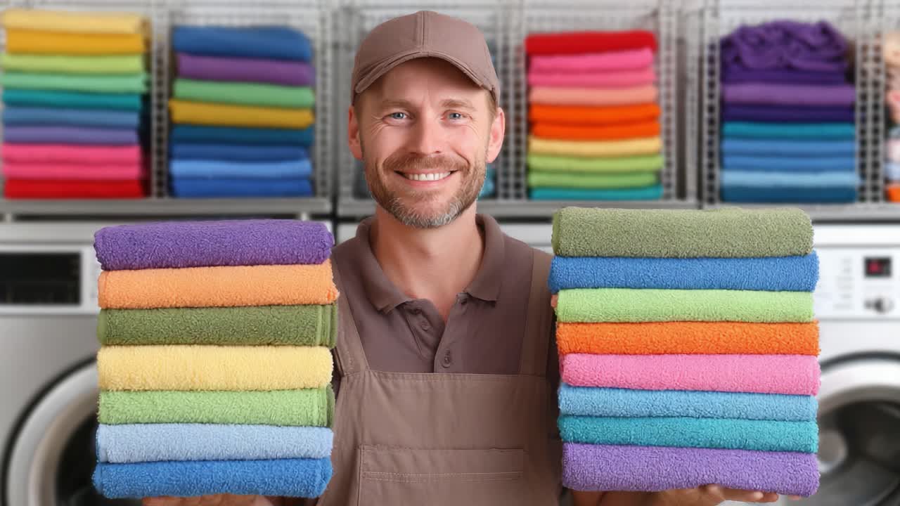 A Friendly Laundromat Worker Smiles While Holding Stacks of Colorful Towels, Showcasing Their Bright Hues and Neat Arrangement in the Laundry Environment