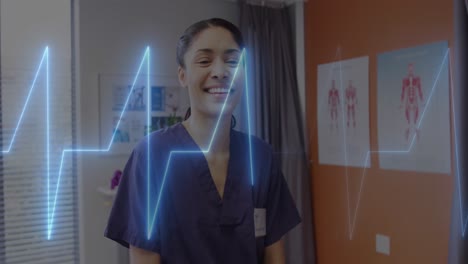 Animación-Del-Cardiógrafo-Sobre-Una-Doctora-Birracial-Que-Trabaja-En-El-Hospital