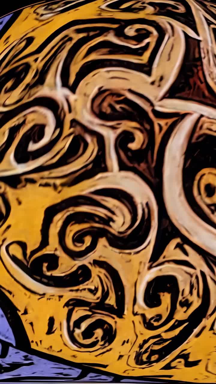 Folk art patterns weaving intricate lines, overlapping vibrant colors and geometric shapes, creating hypnotic visual rhythm representing traditional artistic design