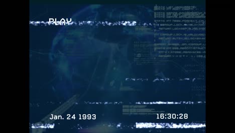 Animation-of-play-interface-on-screen-and-data-processing-and-globe-on-blue-background