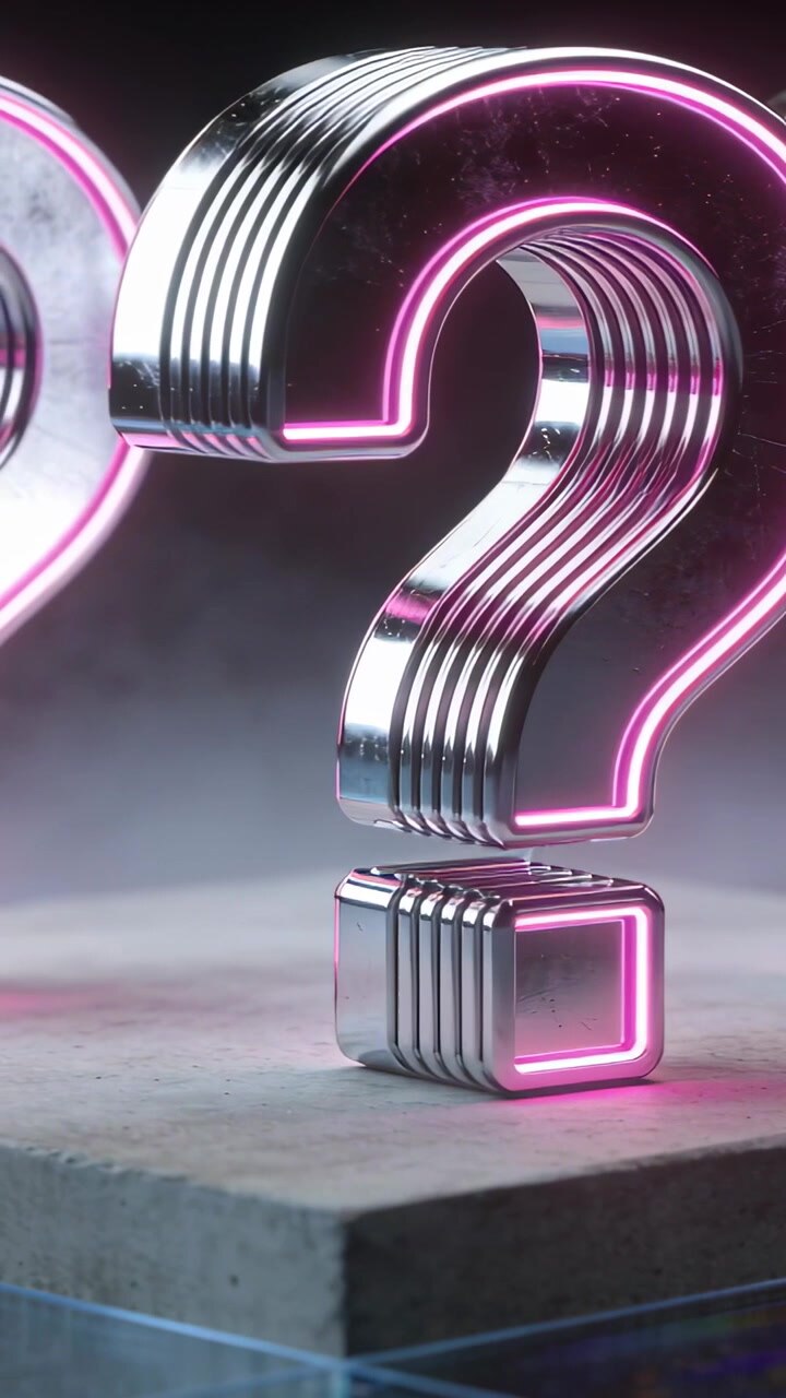 Vertical video: Sliding camera left revealing chrome question mark on pedestal, exposing neon rim