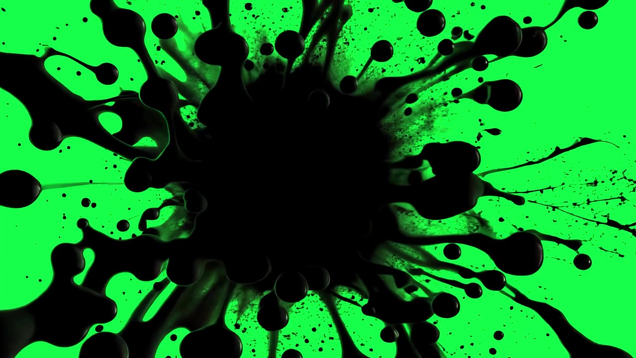 Schizzo dinamico di liquido nero che si espande su sfondo a schermo verde