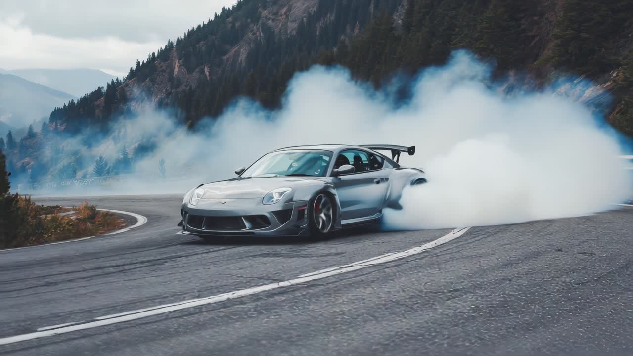 Grey Sports Car Drifting and Creating Tire Smoke on a Mountain Road