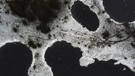 top-down aerial drone view of bog lakes during winter