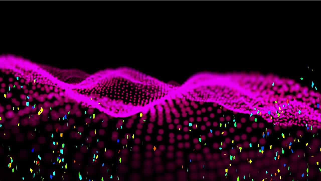 animación digital de confeti colorido que cae sobre ondas digitales rosadas contra un fondo negro