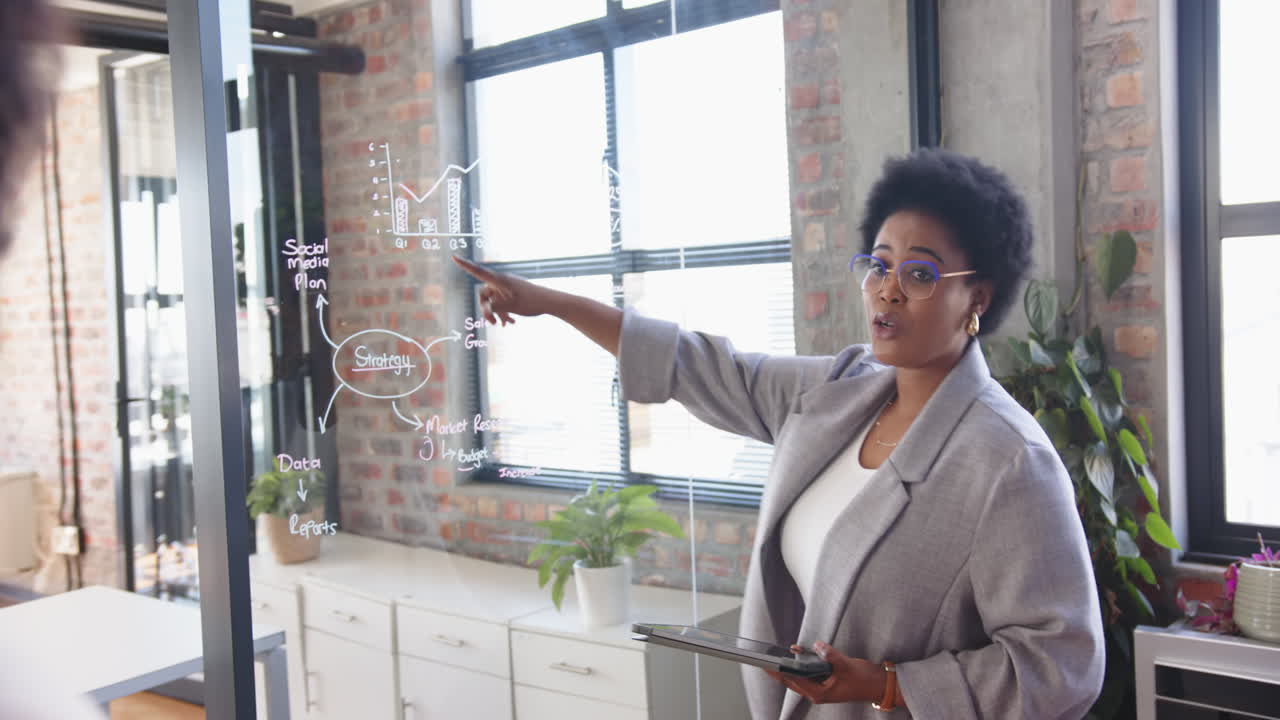 Presenting business strategy, woman writing on glass board in modern office