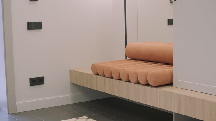 Dressing room with shelves. Modern wardrobe with bright dressing room