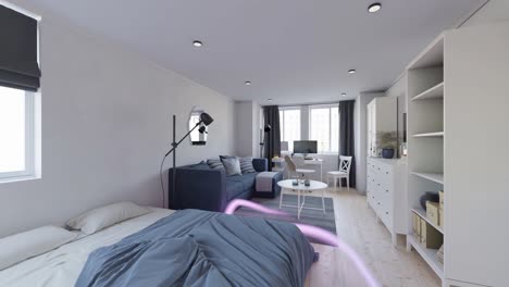 3D-animation-of-minimalist-bachelor-apartment,-dolly-forward-shot