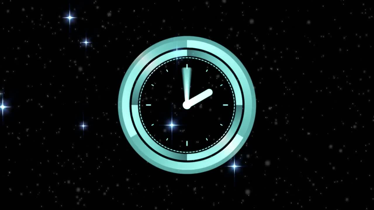 Animation of clock with moving hands on starry sky