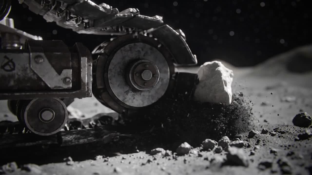 Contacting tracked robotic drive wheel pressing into rock to cross lunar terrain, kicking up dust