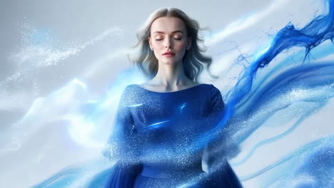 serene woman meditating amidst ethereal blue and white energy