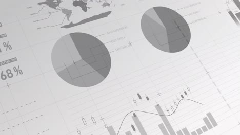 animation of arrow icons moving downwards against statistical data processing on grey background