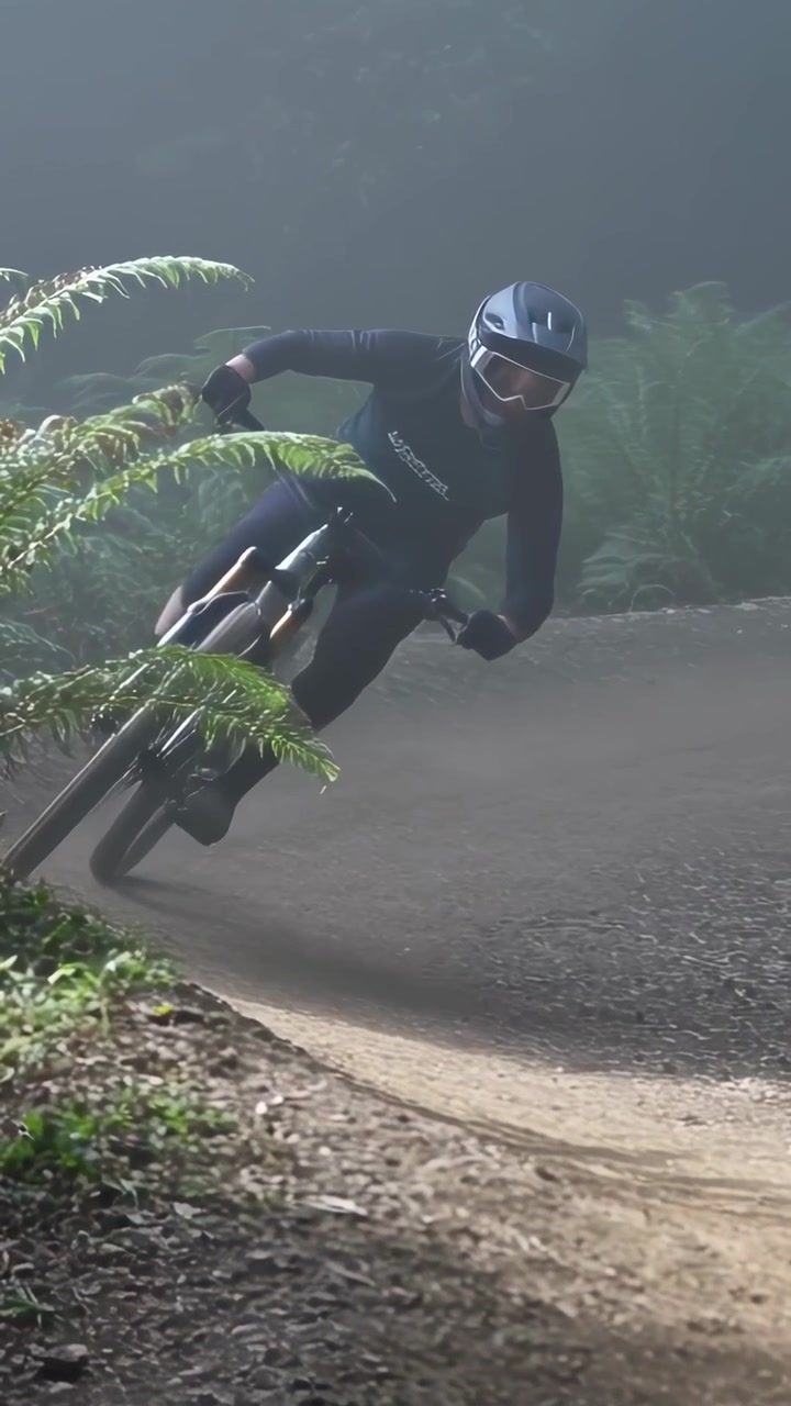 Video verticale: Un ciclista in MTB con casco entra da destra, si inclina in una curva sopraelevata e sfreccia su un sentiero nel bosco.