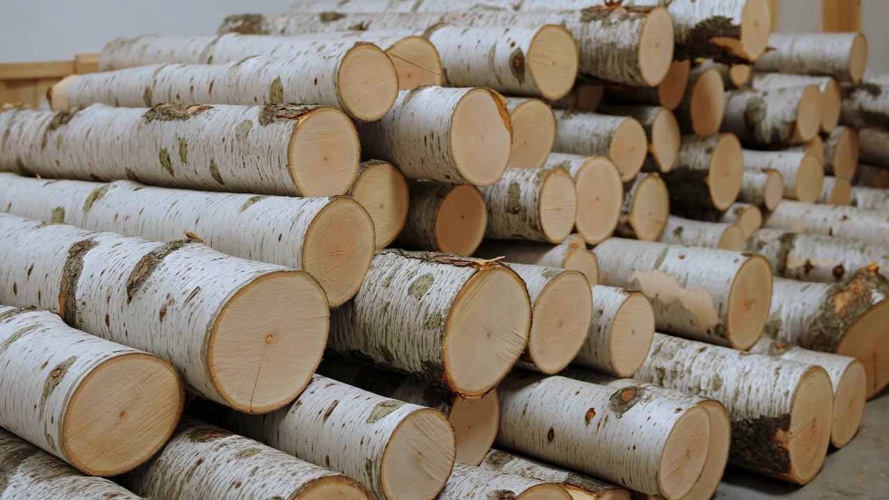 Stacked Birch Logs In Workshop Setting, Clean Sawn Ends And Pale Bark, Neatly Piled On Concrete Floor, Ideal