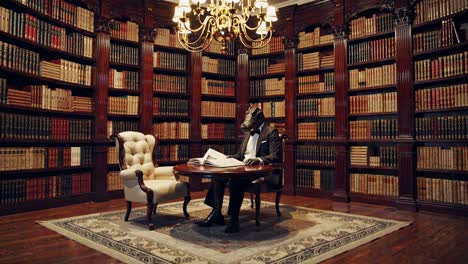 man with horse head mask reading in a luxurious library