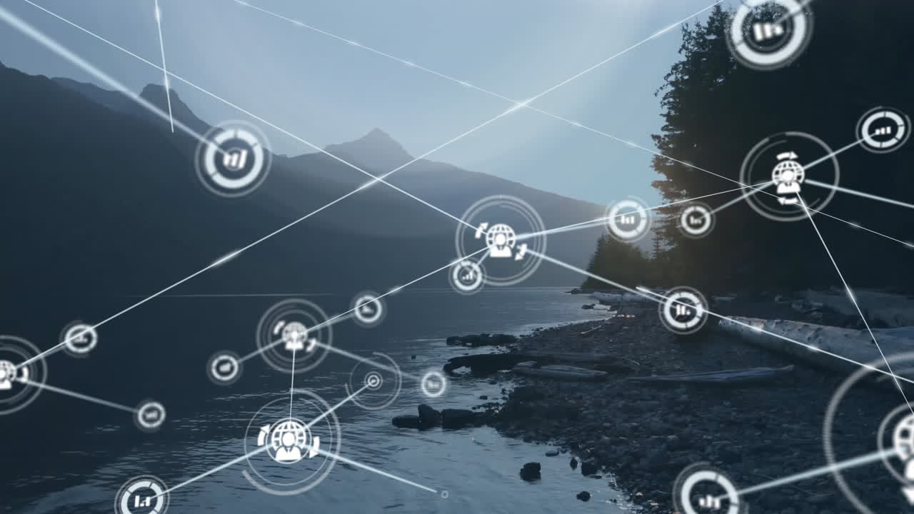 animación de la red de conexiones con iconos sobre el paisaje