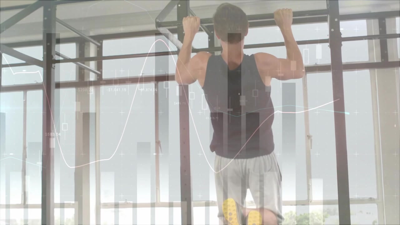Man Performing Pull-Ups in a Gym with Data Overlay
