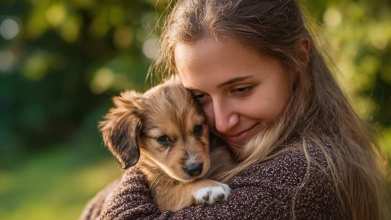 Young woman happily cuddles a playful puppy in a sunny park setting