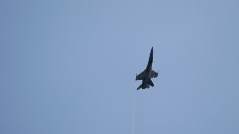 fighter jet executing dynamic aerial maneuvers, showcasing agility and power against a clear blue sky