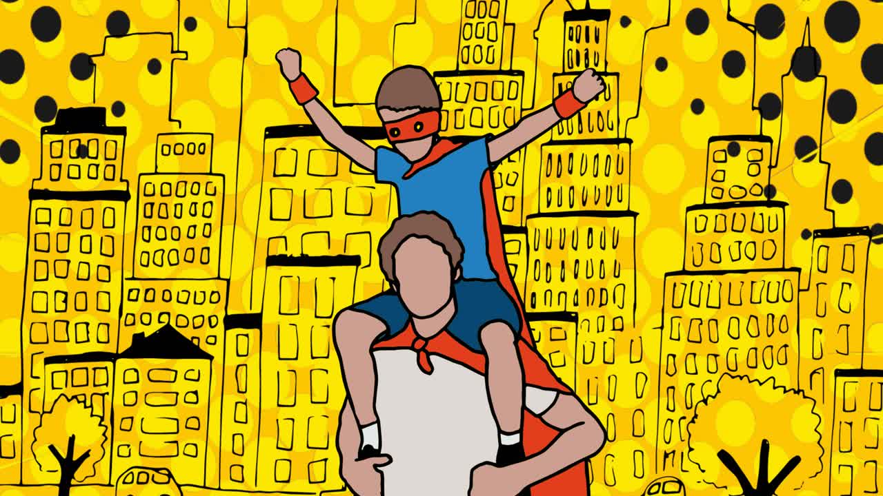 animación de una familia feliz abrazándose sobre un fondo amarillo