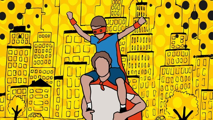 Animation of happy family embracing on yellow background