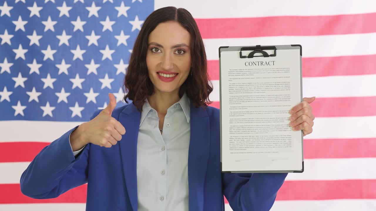 Woman with American Flag and Contract Document Giving Thumbs Up