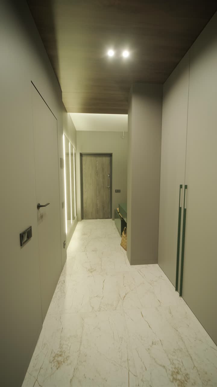 Interno di casa minimalista elegante e di stile, caratterizzato da linee pulite, colori neutri e illuminazione ambientale calda, che crea un'atmosfera accogliente e moderna