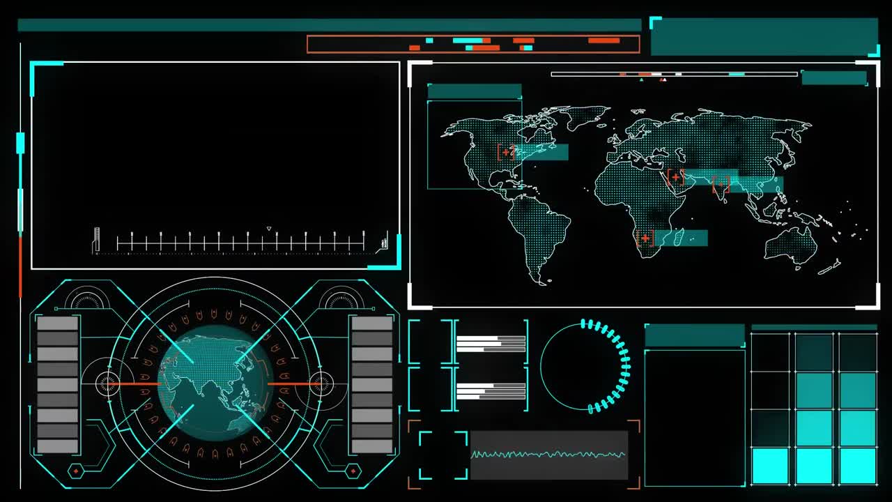 디지털 컴퓨터 인터페이스를 통해 녹색 보드에 5개의 기술 인터페이스 패크의 애니메이션
