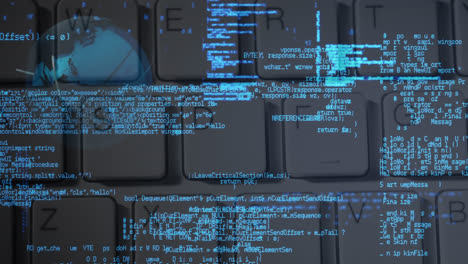 animación de procesamiento de datos azules sobre el teclado de la computadora en segundo plano