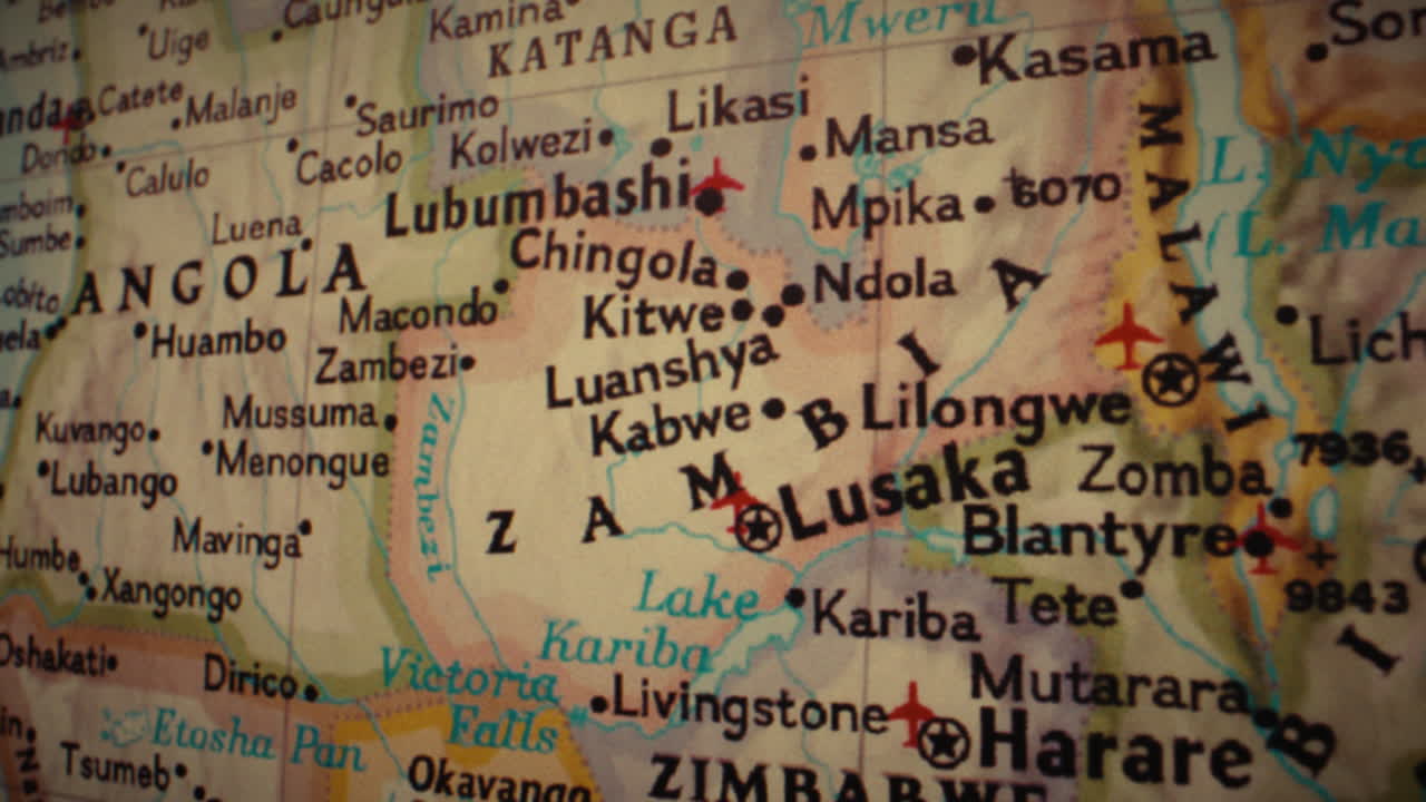 Close-up of a political map of Central and Southern Africa