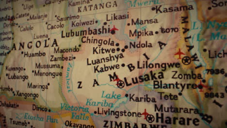 close-up of a political map of central and southern africa