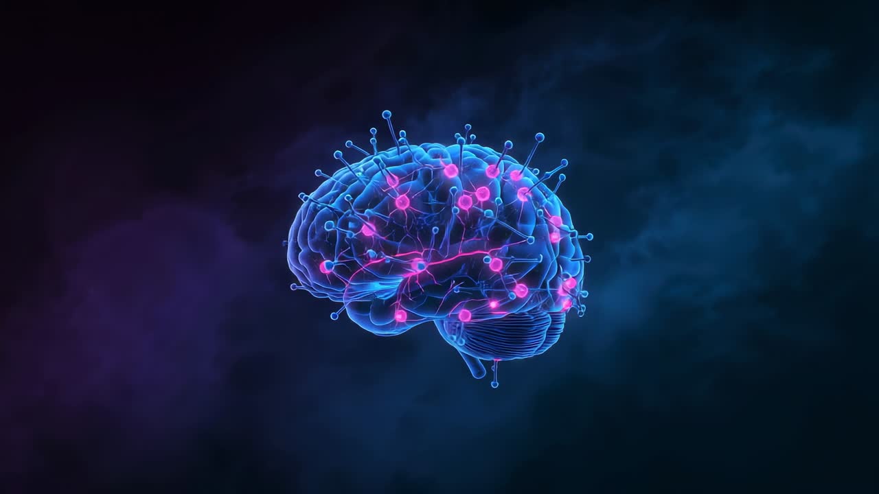 On start holographic brain rotating in virtual space, revealing pink neural nodes, filament lines