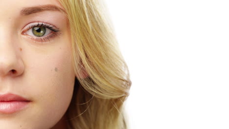 Young-woman-portrait-close-up-half-face-character-series-isolated-on-pure-white-background