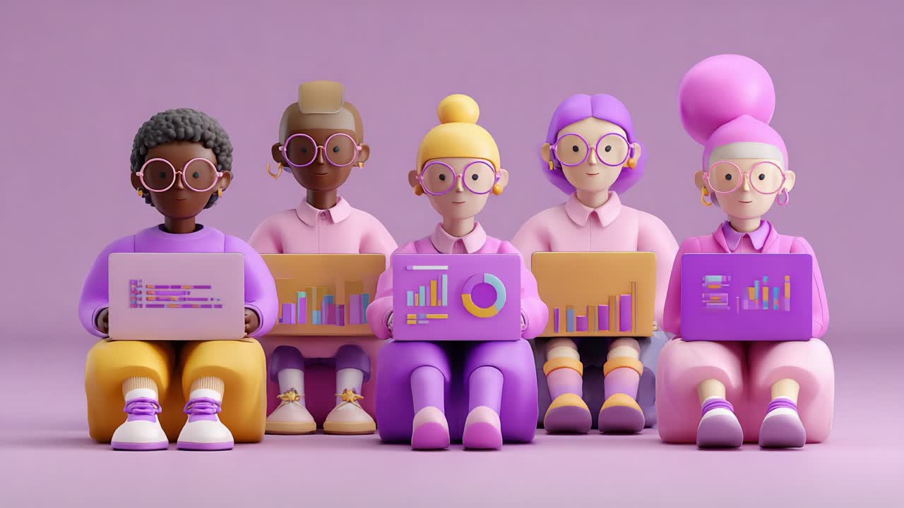A colorful and engaging digital illustration showcasing a diverse group of animated characters seated together, each one focused on their laptops displaying various colorful data visuals and graphs