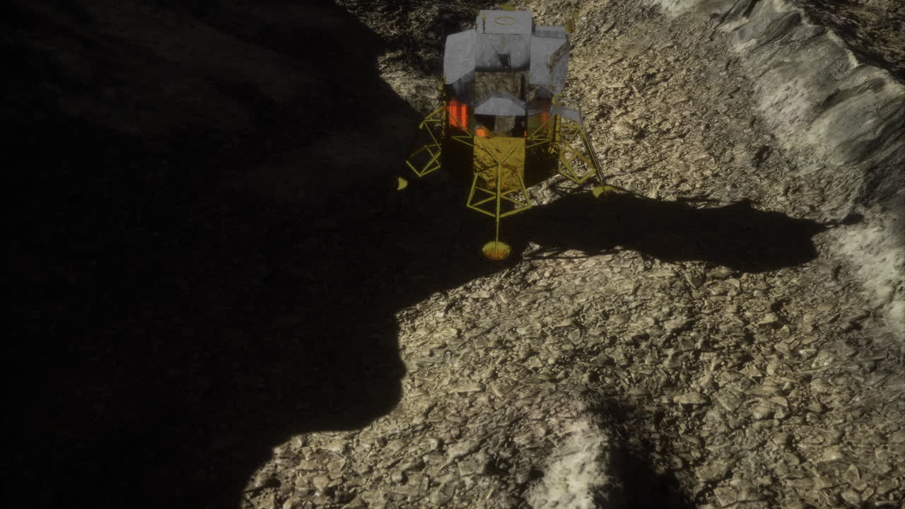 Lunar lander exploring the moons rocky terrain during twilight hours