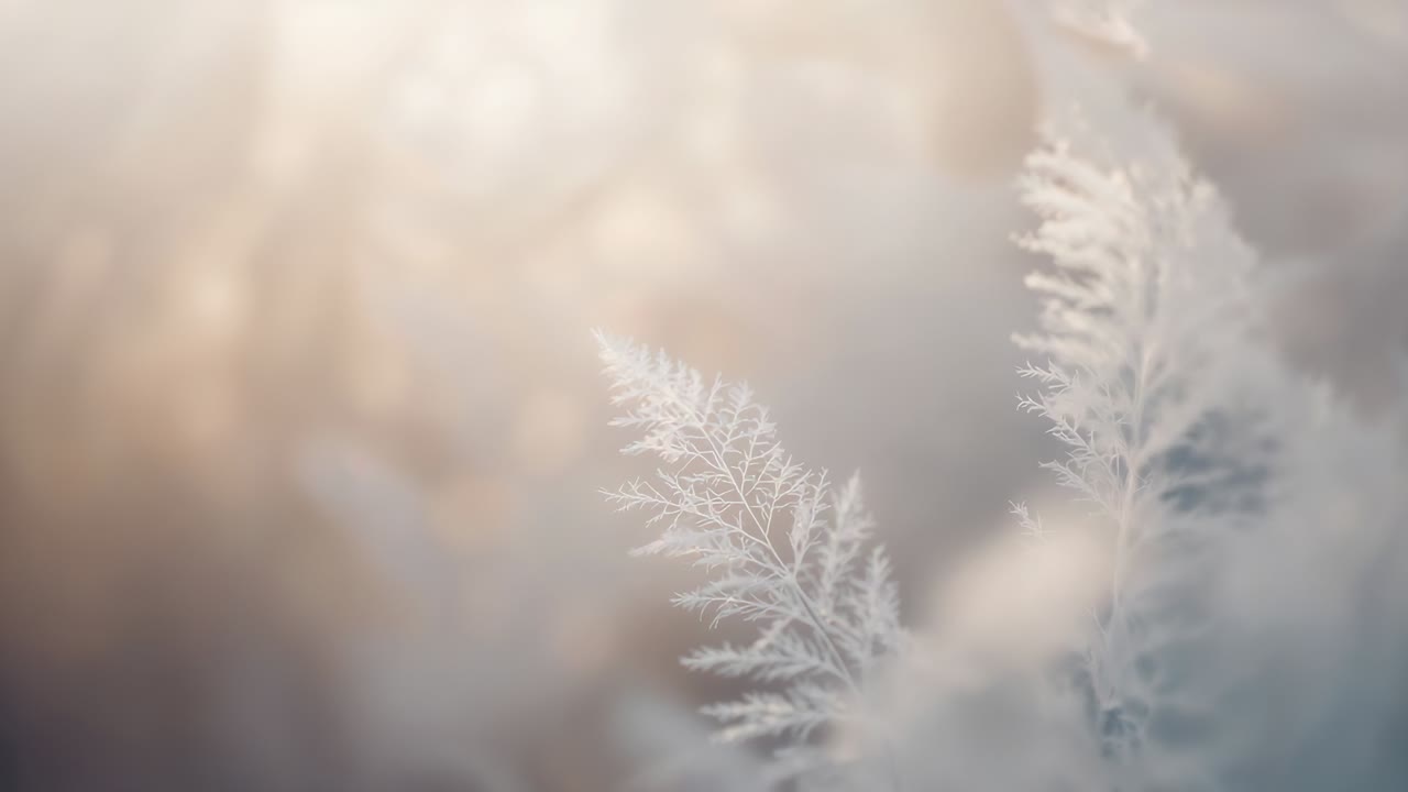 Shifting camera showing frosty reed stems in meadow, soft bokeh and warm sun revealing crystals