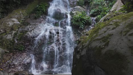se levanta de una gran roca cubierta de musgo en la cascada de marinka en minca colombia