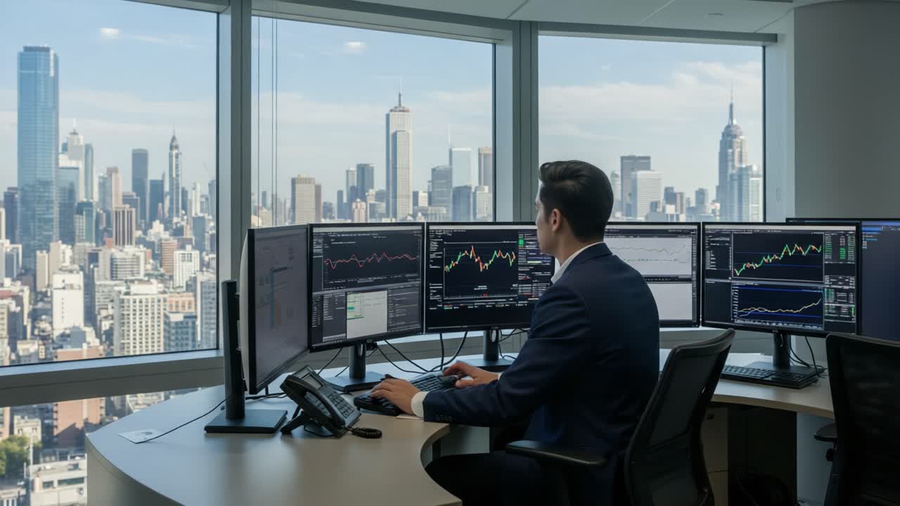 Focused professional analyzing financial markets from a high-rise office, surrounded by multiple screens displaying various stock charts and data against a panoramic city skyline