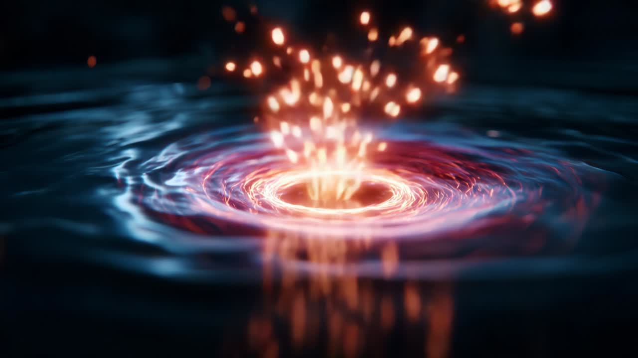 A mesmerizing visual depicting a dynamic whirlpool vortex emerging from a liquid surface, surrounded by vibrant sparks and fiery glows, showcasing the intricate dance of light and water in an explosive formation