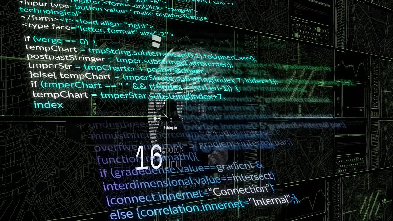 Dotted 3D globe spinning center in dashboard, showing code streams, network diagrams, grid panels