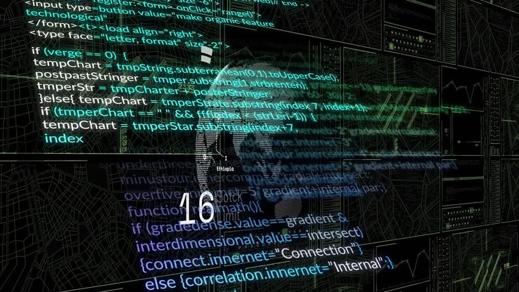 Dotted 3D globe spinning center in dashboard, showing code streams, network diagrams, grid panels
